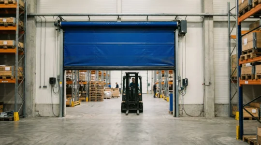 Chariot élévateur traversant une porte rapide industrielle dans un entrepôt logistique