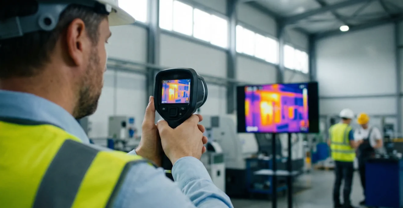 Technicien effectuant un audit thermographique sur un bâtiment industriel