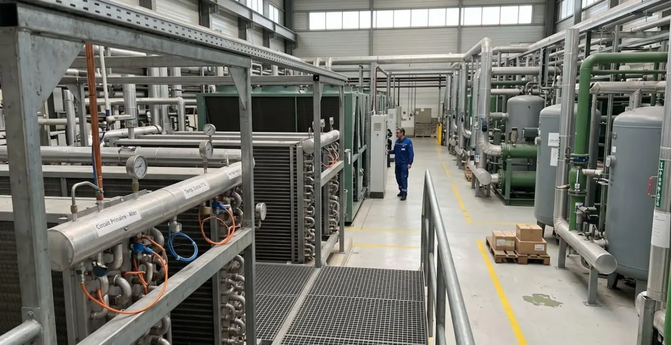 Vue d'ensemble d'une installation industrielle moderne avec équipements de refroidissement et capteurs de température visibles sur les tuyauteries