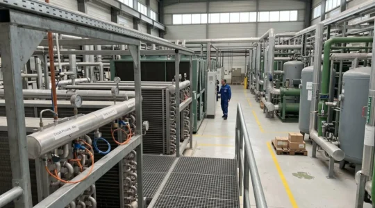 Vue d'ensemble d'une installation industrielle moderne avec équipements de refroidissement et capteurs de température visibles sur les tuyauteries