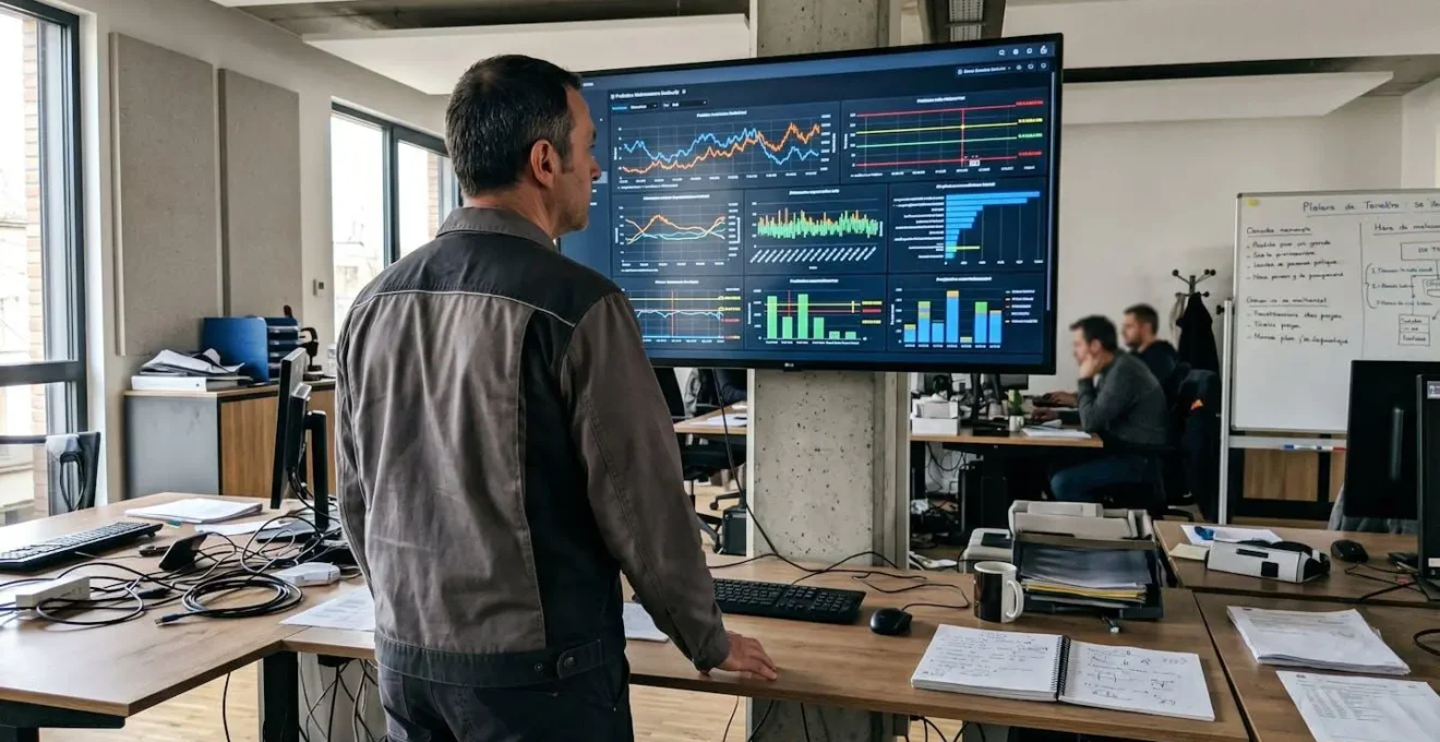 Responsable maintenance de dos analysant un tableau de bord de maintenance prédictive affichant des courbes de tendance et seuils d'alerte