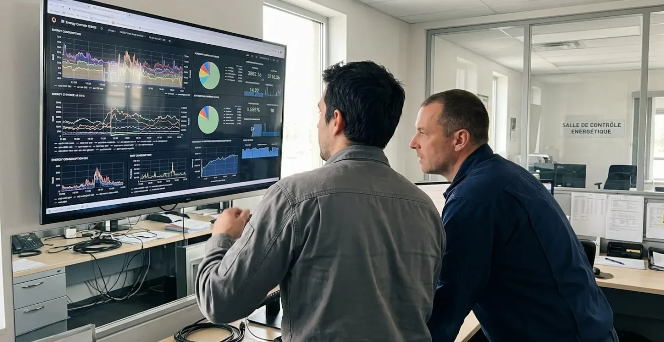 Deux techniciens de dos consultant un écran affichant des graphiques de consommation énergétique dans une salle de contrôle industrielle